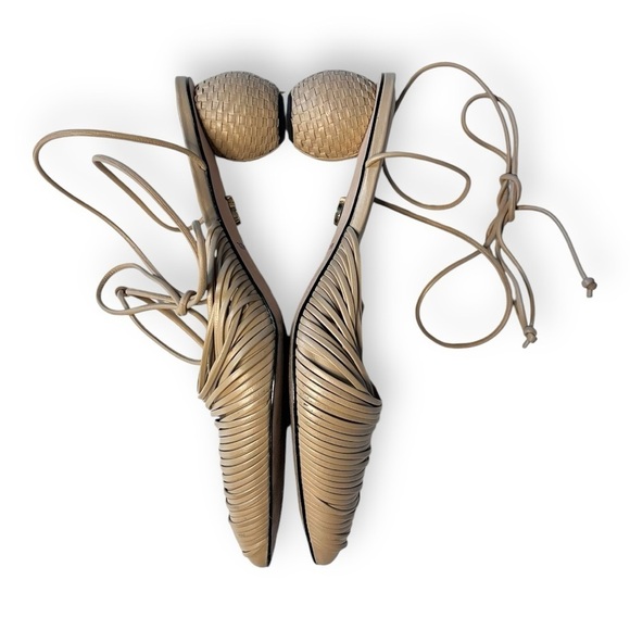 Lenny Lu Miranda Moroccan Leather Tan Cocoon Slip On Mules W/ basket heels - Picture 5 of 9